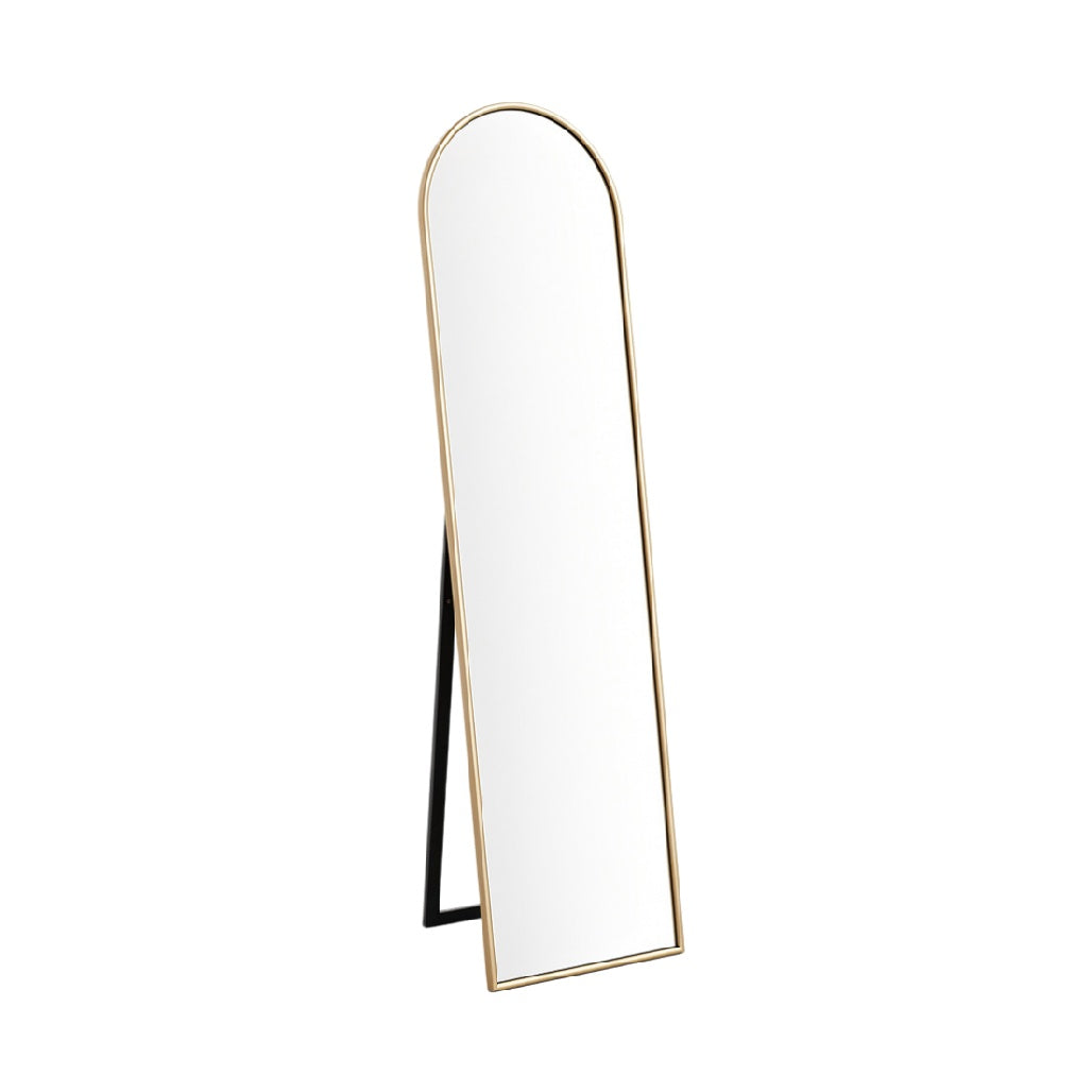 Arched Full-Length Mirror with Gold Trim and Black Stand