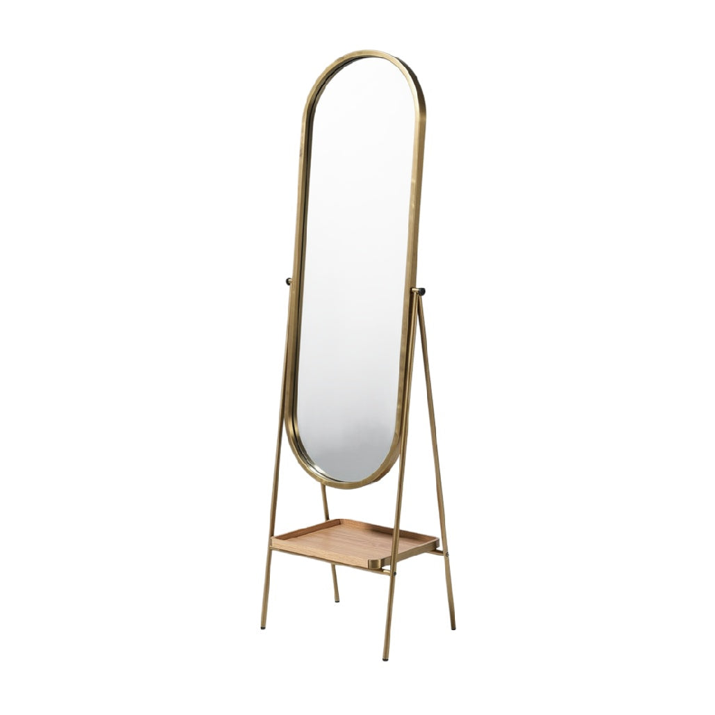 Modern Freestanding Oval Mirror with Gold Frame and Wooden Base